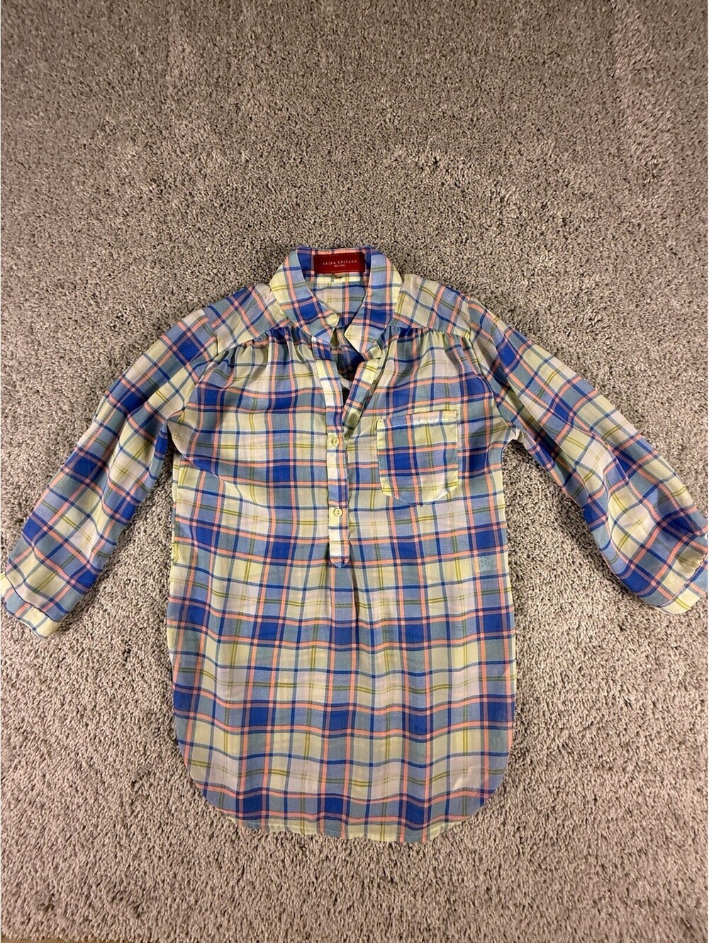 Akira Chicago Women’s Size Small Blouse Sheer Coral and Blue Plaid Long Sleeve